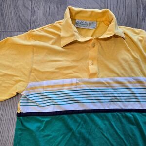 Vtg Arnold Palmer Colorblock Polo Shirt Yellow Green Navy Blue Stripe Mens Med